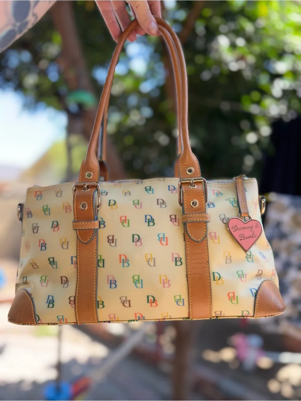 Dooney & Bourke Cream Multicolor DB Logo Satchel with Tan Trim